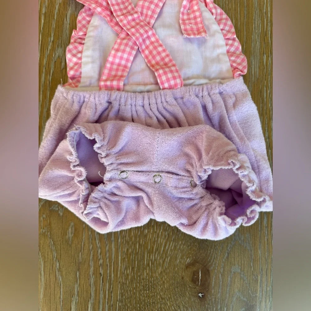 Royal Heir Pink plaid and purple terry‎ cloth waving bear overall bubble, 6-9m